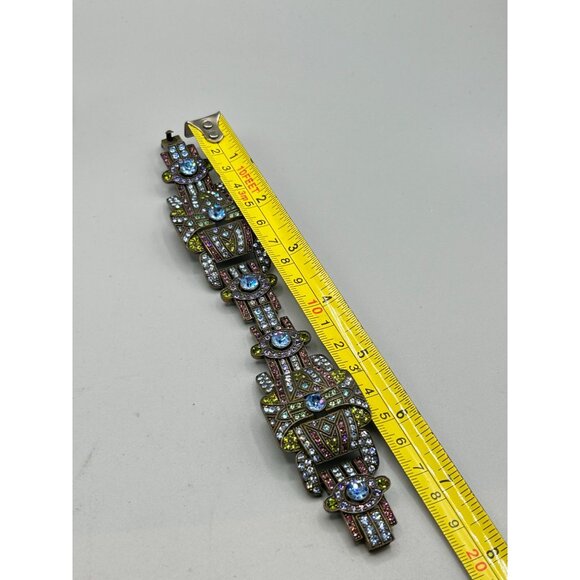 Heidi Daus Colorful Art Deco Style Bracelet Crystals Pave Wide Panel Links - Picture 7 of 9